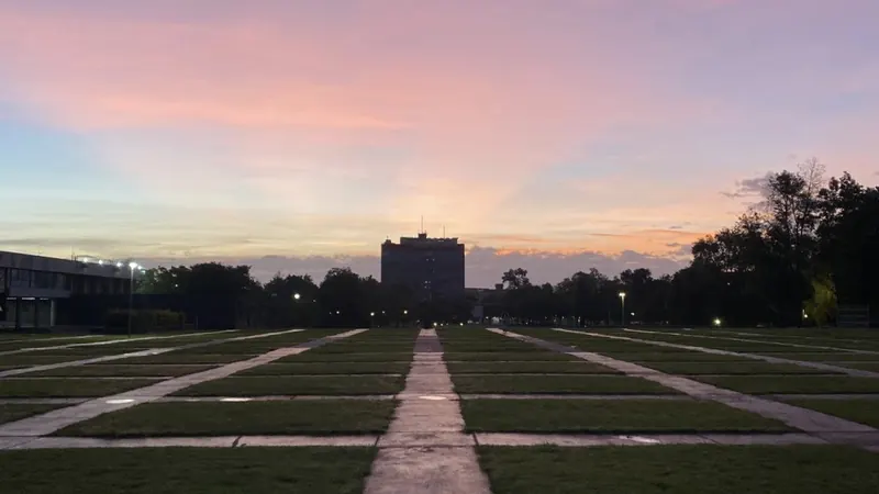 Cielo rosa y naranja del atardecer sobre los jardines de Ciudad Universitaria, con la silueta de un edificio alto del campus al fondo
