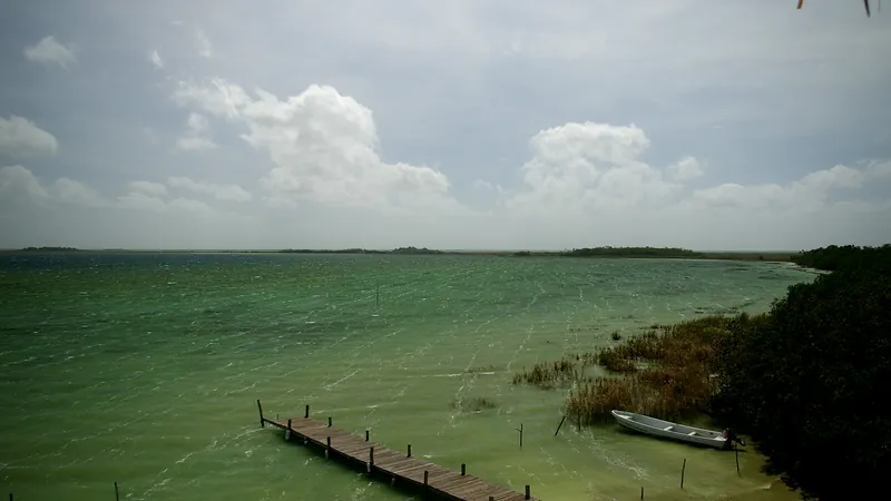 Muelle de madera sobre la laguna de Muyil, de aguas verdes, rodeada de selva baja en la reserva de Sian Ka'an